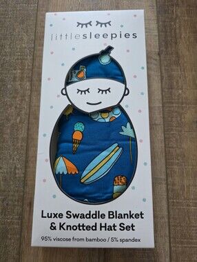 Little Sleepies Teal Swaddle Blanket and Hat Set - NWT